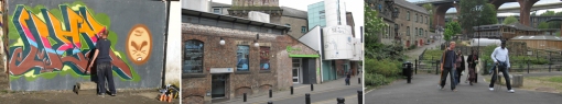A wide range of creative sites in Ouseburn: (from left) street arts, 36 Lime Street Warehouse Office and Studio, Ouseburn Farm. Source: author, 2011.